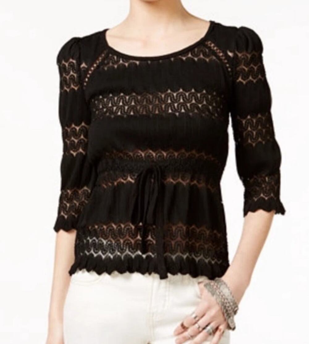 Free People Fire Island Crochet Sheer Tie Top Black Long Sleeve Womens Small